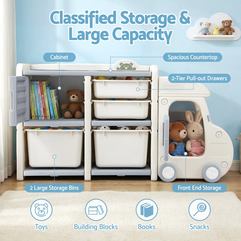 keezi toy storage organizer with 4 storage bins and cabinet, bookcase kids toys box, toy storage for kids room, playroom, bedroom, nursery, car shaped Children’s multi-tier storage cabinet with drawers and bins