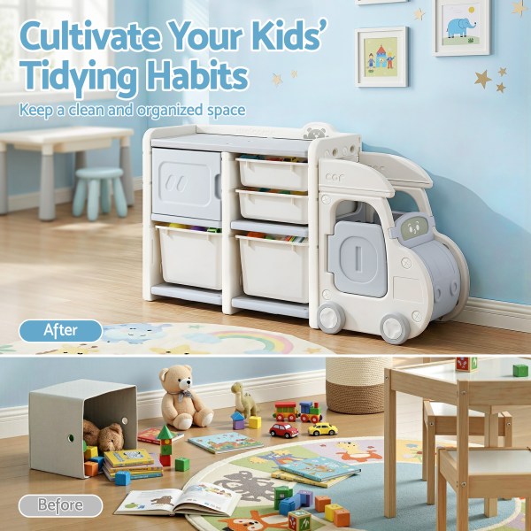 Before and after kids playroom organisation