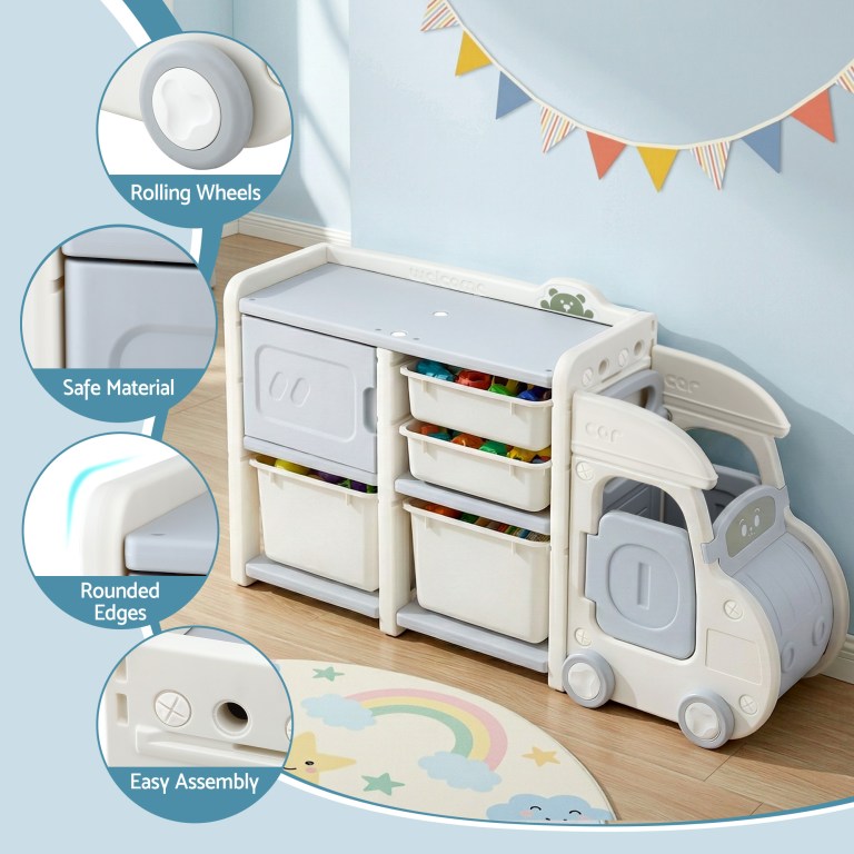 keezi toy storage organizer with 4 storage bins and cabinet, bookcase kids toys box, toy storage for kids room, playroom, bedroom, nursery, car shaped Children’s toy storage unit with slide and wheels