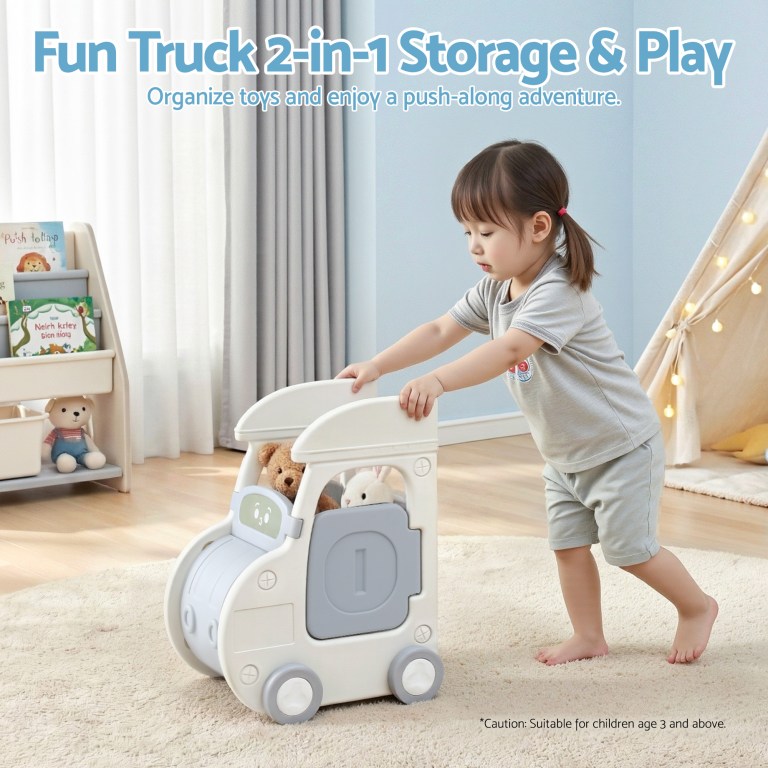 keezi toy storage organizer with 4 storage bins and cabinet, bookcase kids toys box, toy storage for kids room, playroom, bedroom, nursery, car shaped Toddler pushing 2-in-1 toy truck storage cart
