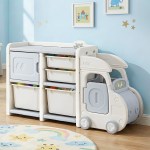 keezi toy storage organizer with 4 storage bins and cabinet, bookcase kids toys box, toy storage for kids room, playroom, bedroom, nursery, car shaped Children’s toy storage unit with attached slide
