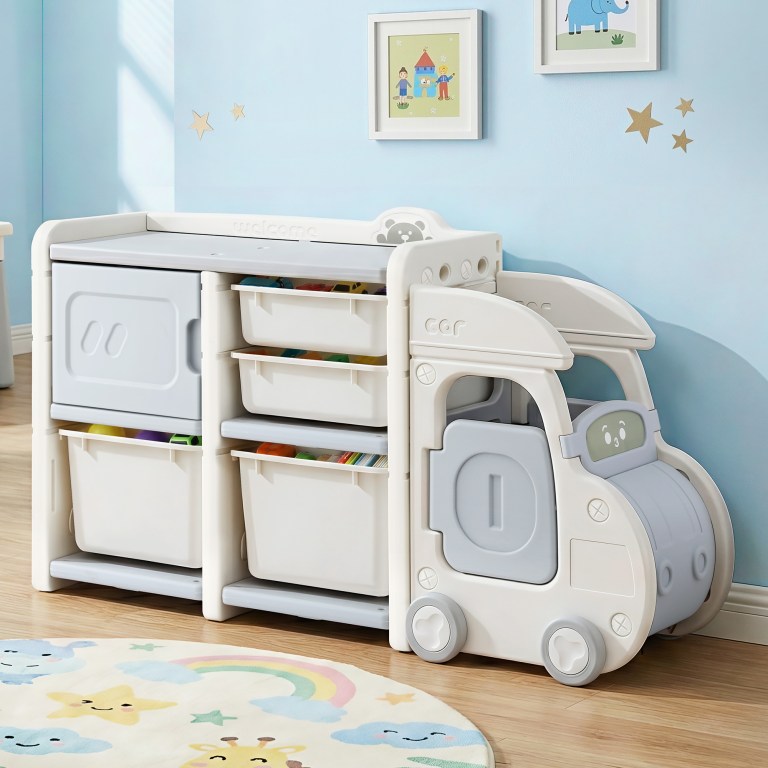 keezi toy storage organizer with 4 storage bins and cabinet, bookcase kids toys box, toy storage for kids room, playroom, bedroom, nursery, car shaped Children’s toy storage unit with attached slide