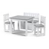 White children's table with two grey chairs