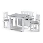 White children's table with two grey chairs