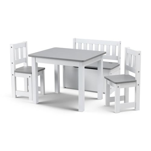 White children's table with two grey chairs