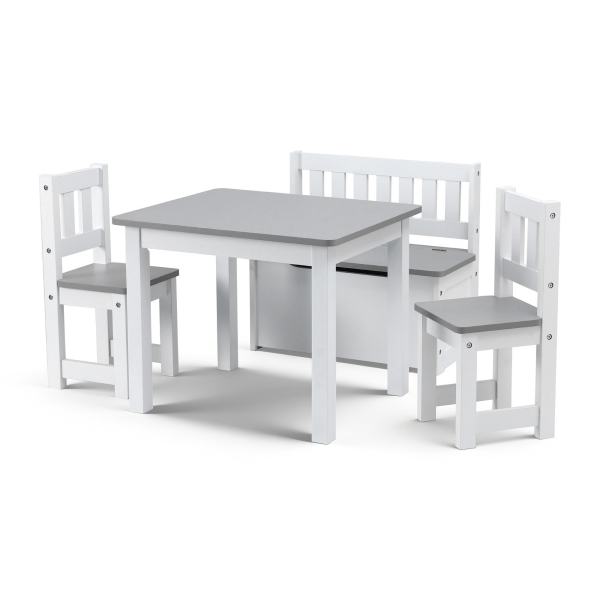White children's table with two grey chairs