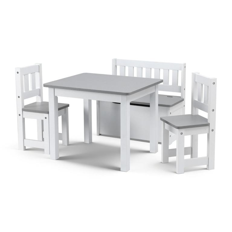 White children's table with two grey chairs