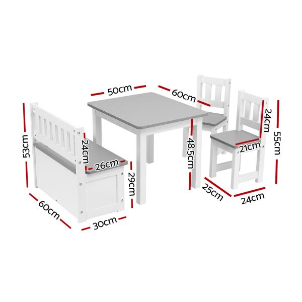 Children’s table, chairs and bench with dimensions