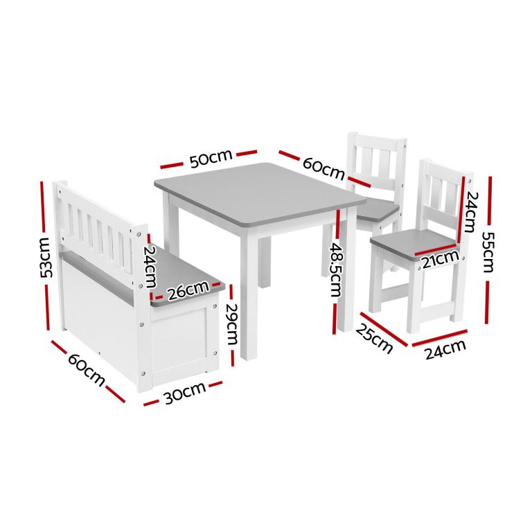 Children’s table, chairs and bench with dimensions