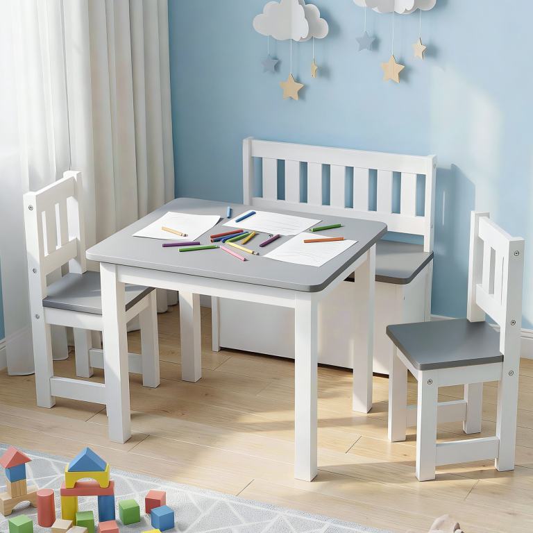Children’s table with pencils in blue playroom