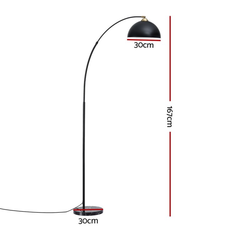Black arched floor lamp with dimensions labelled