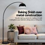 Black arc floor lamp over modern sofa
