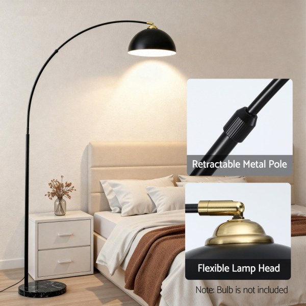 Modern black arched floor lamp beside bed
