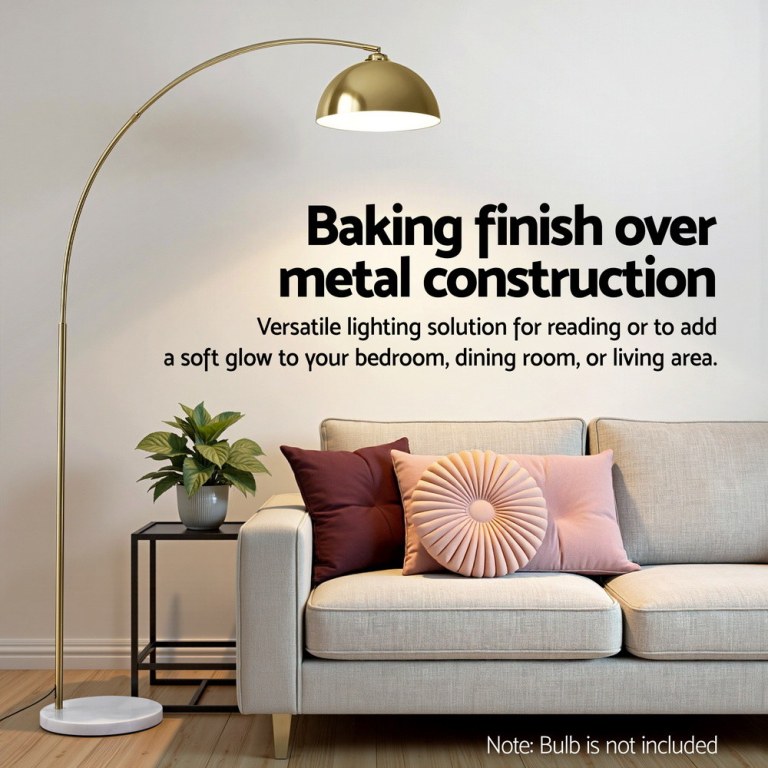 artiss modern arched floor lamp gold brass standing heavy duty marble base for living room bedroom Modern gold arc floor lamp over beige sofa