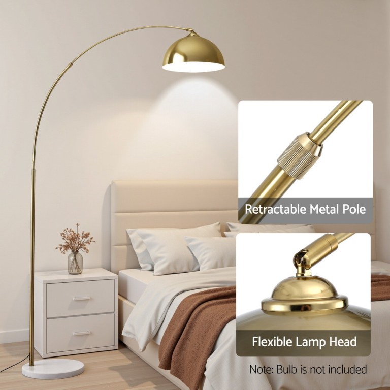 artiss modern arched floor lamp gold brass standing heavy duty marble base for living room bedroom Gold arched floor lamp beside modern bed