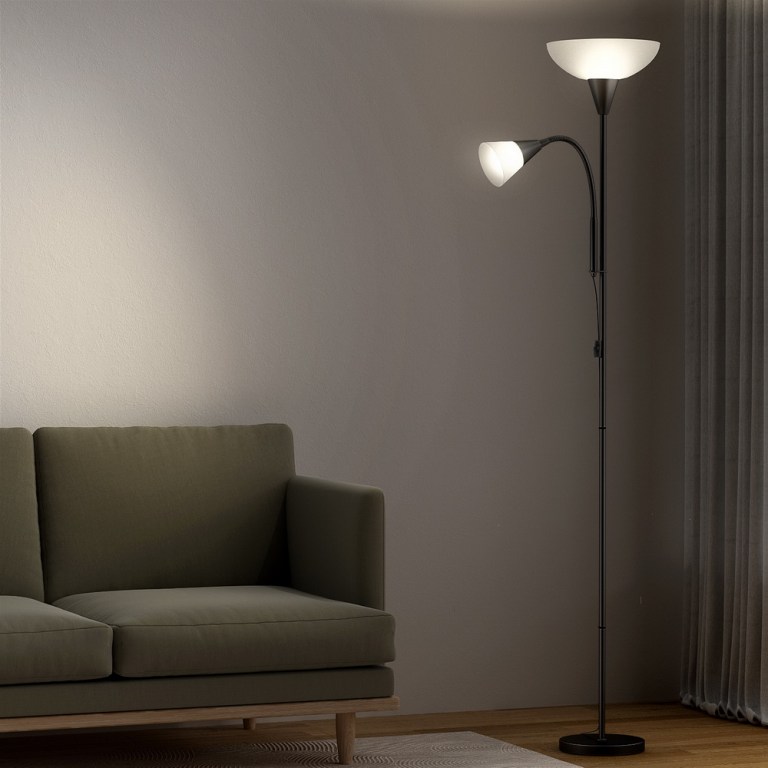 Modern floor lamp beside sofa in living room