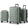 Three sage green hard-shell suitcases with wheels