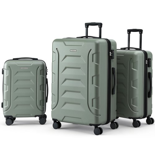 Three sage green hard-shell suitcases with wheels