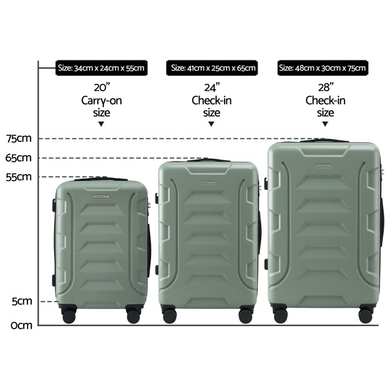 Three green suitcases in carry-on and check-in sizes