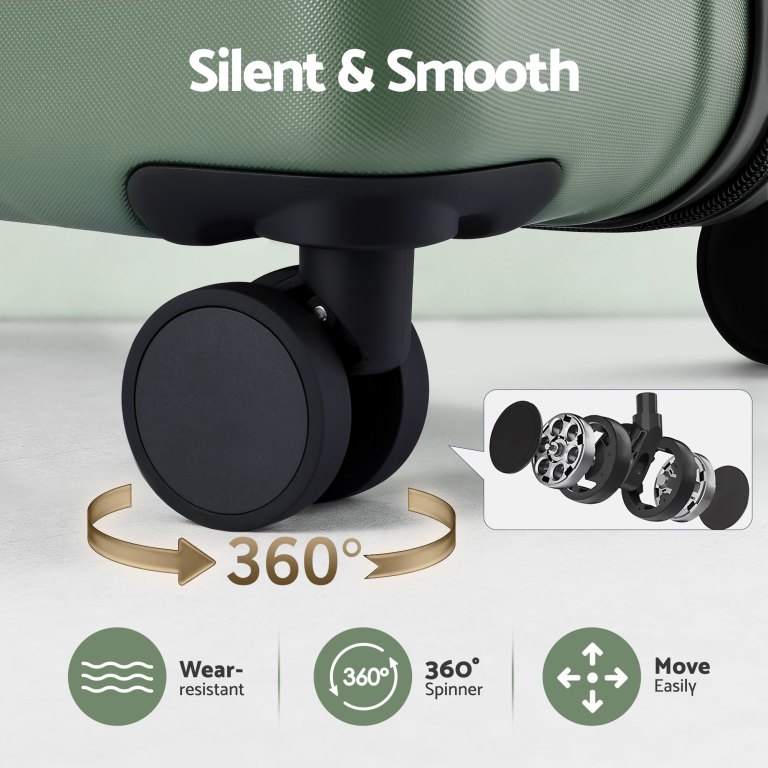 Close-up of suitcase 360-degree spinner wheels