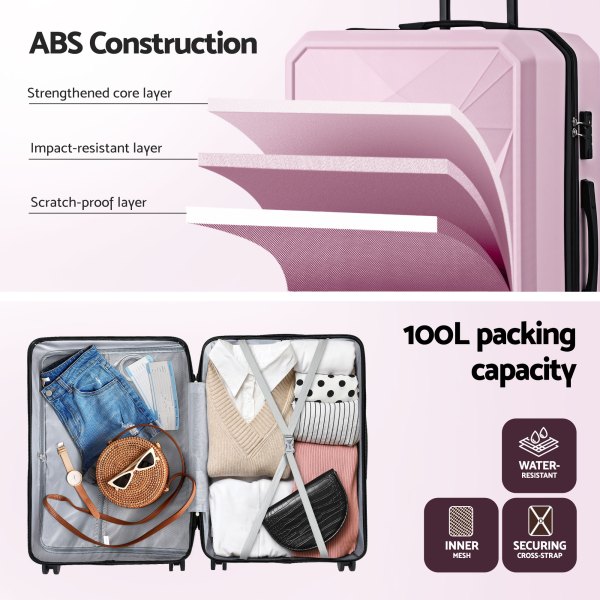 Pink ABS hard-shell suitcase with layered construction diagram
