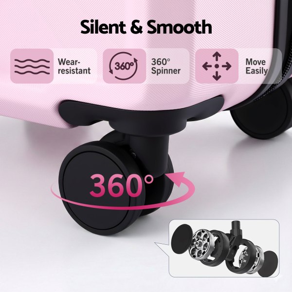 Pink suitcase with 360-degree spinner wheels