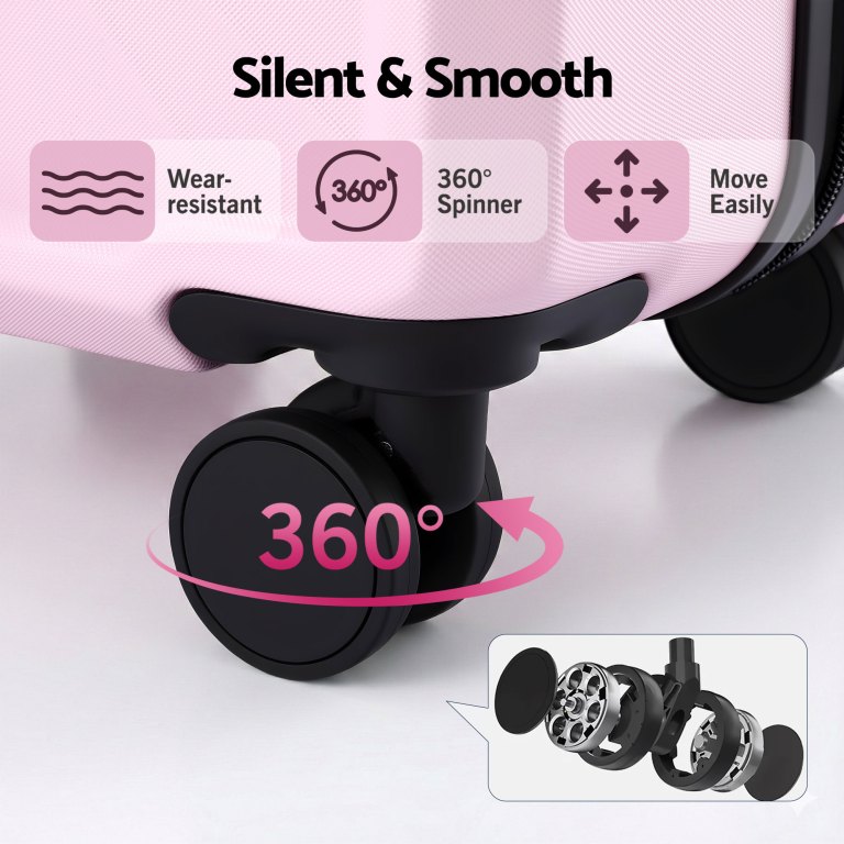 wanderlite 28 luggage suitcase trolley travel lightweight tsa hardshell pink" Pink suitcase with 360-degree spinner wheels