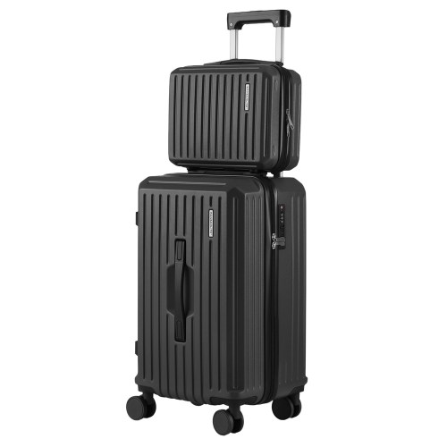 Stacked black hard-shell suitcases with wheels