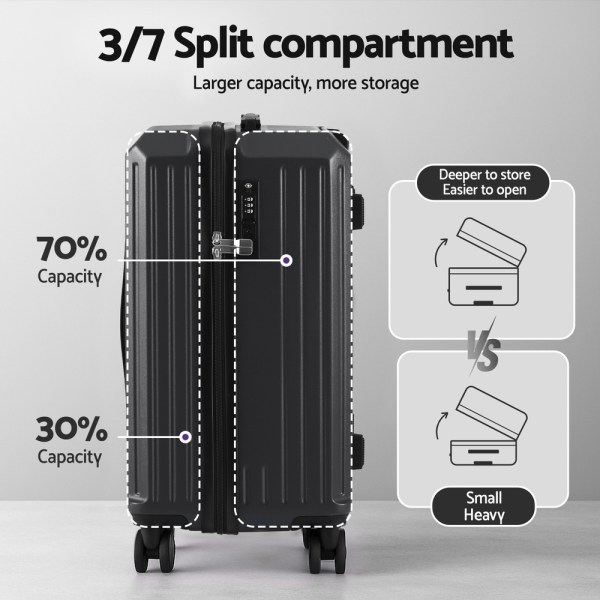 Hard-shell suitcase with 3/7 split compartment design