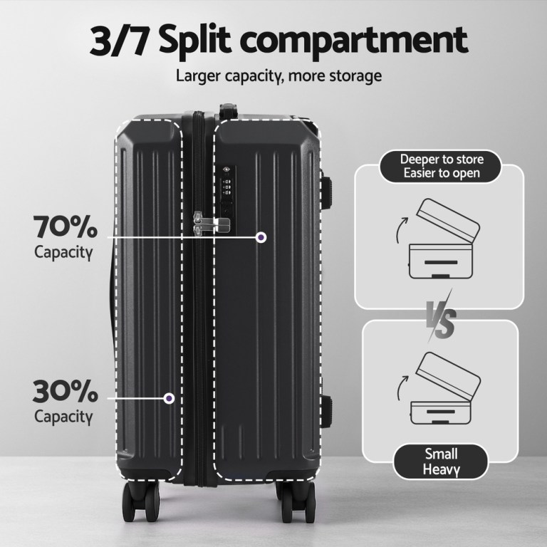 Hard-shell suitcase with 3/7 split compartment design