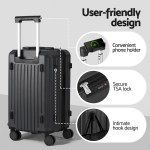 Black hard-shell suitcase with phone holder and TSA lock