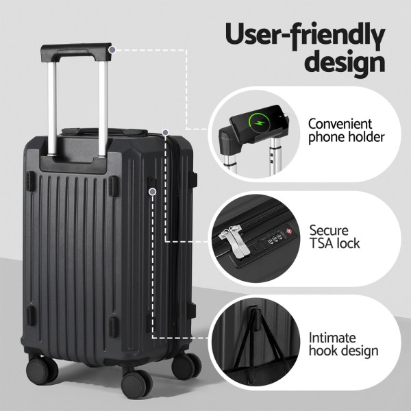 Black hard-shell suitcase with phone holder and TSA lock