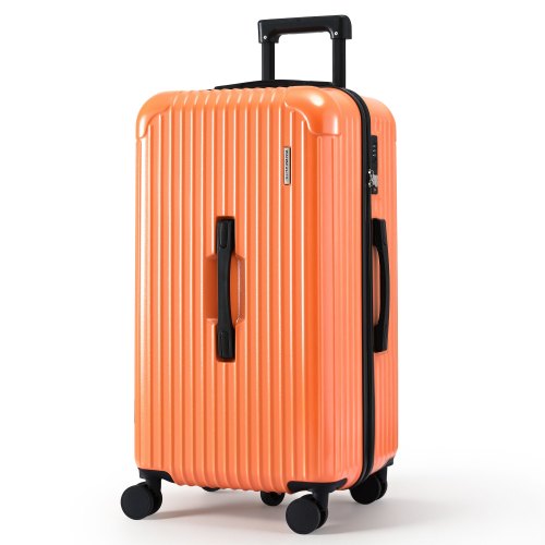 Bright orange hard-shell suitcase with spinner wheels
