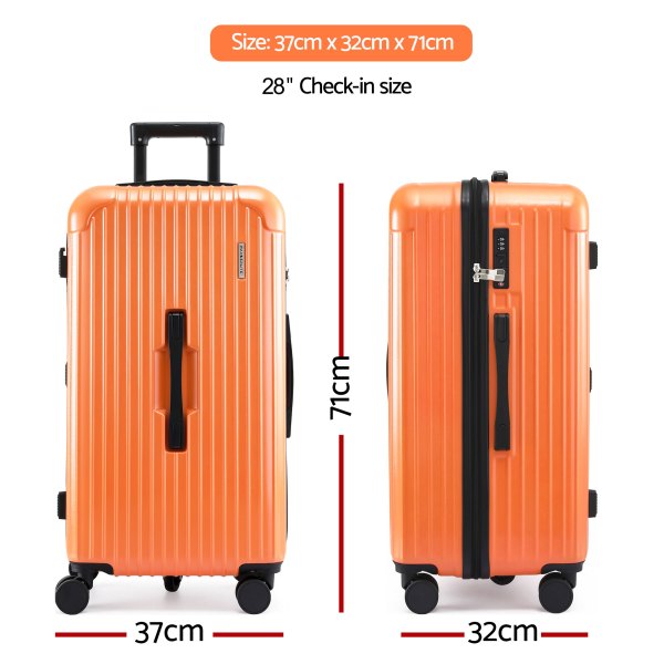 wanderlite 28 trunk luggage suitcase travel 5 wheels type c port tsa orange" Orange 28-inch check-in suitcase with dimensions displayed