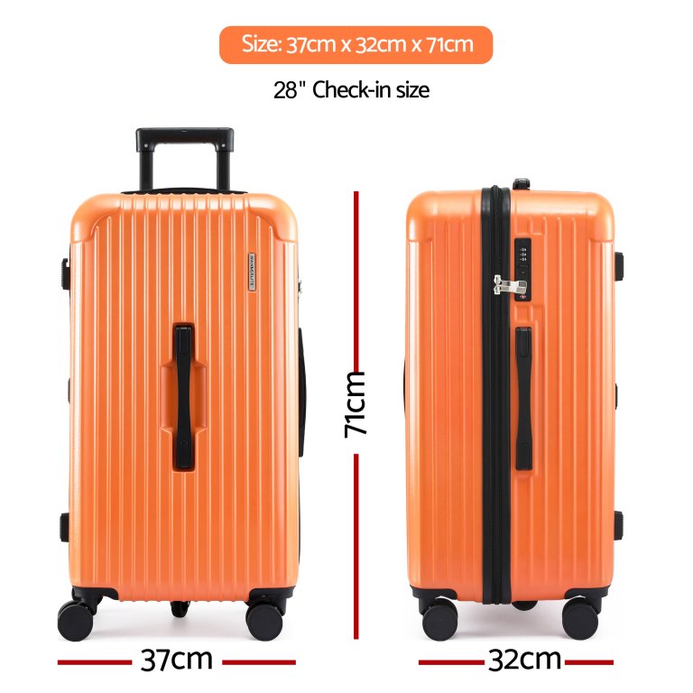 wanderlite 28 trunk luggage suitcase travel 5 wheels type c port tsa orange" Orange 28-inch check-in suitcase with dimensions displayed