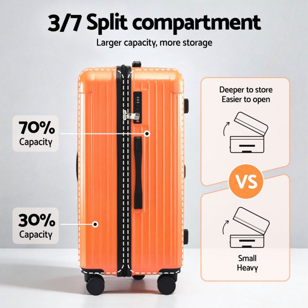 wanderlite 28 trunk luggage suitcase travel 5 wheels type c port tsa orange" Orange suitcase with 3/7 split compartment design