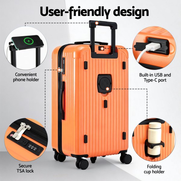 wanderlite 28 trunk luggage suitcase travel 5 wheels type c port tsa orange" Orange suitcase with USB port and cup holder