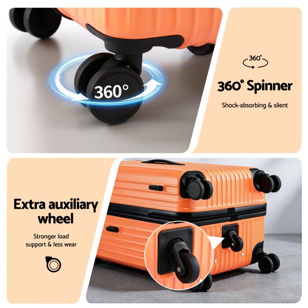 wanderlite 28 trunk luggage suitcase travel 5 wheels type c port tsa orange" Orange suitcase with 360-degree spinner wheels