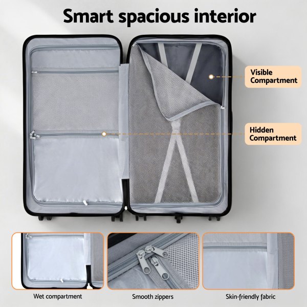 wanderlite 28 trunk luggage suitcase travel 5 wheels type c port tsa orange" Open suitcase showing multiple storage compartments