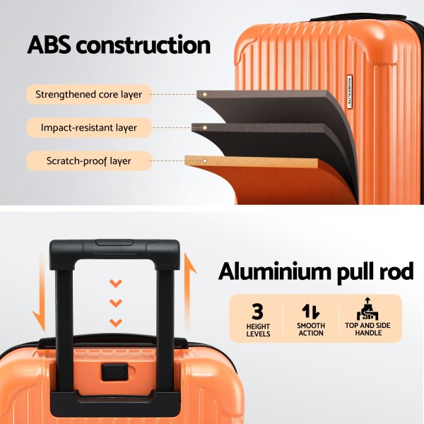 wanderlite 28 trunk luggage suitcase travel 5 wheels type c port tsa orange" Orange ABS hard-shell suitcase with layered construction diagram