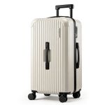 Beige hard-shell carry-on suitcase with spinner wheels