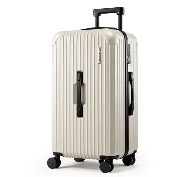 Beige hard-shell carry-on suitcase with spinner wheels