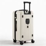 Beige hard-shell suitcase with telescopic handle and wheels