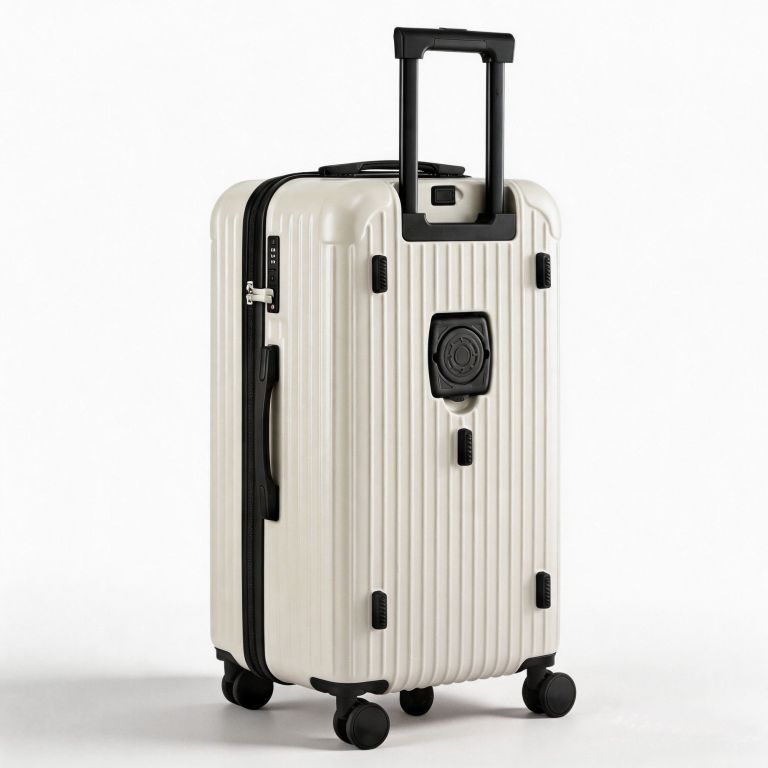 Beige hard-shell suitcase with telescopic handle and wheels