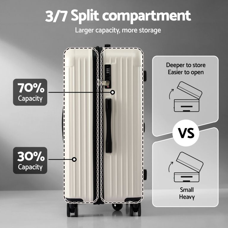 Suitcase with 3/7 split compartment design