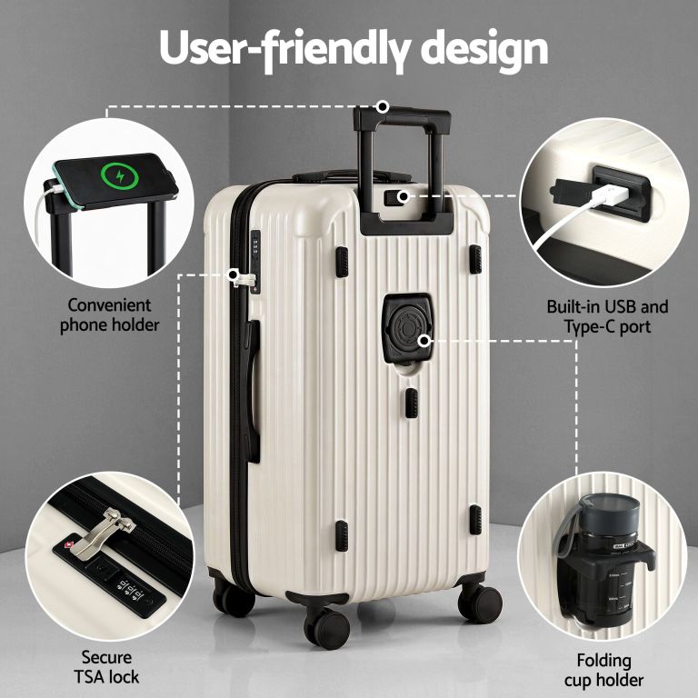Hard-shell suitcase with USB port and phone holder
