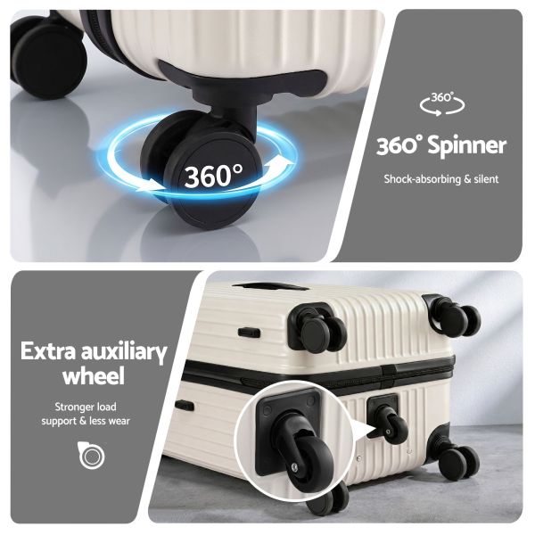 Suitcase with 360-degree spinner wheels close-up