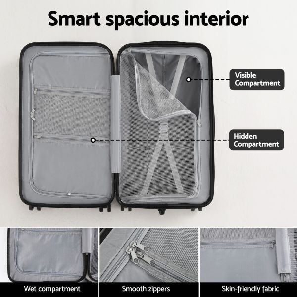 Open suitcase with multiple organised interior compartments