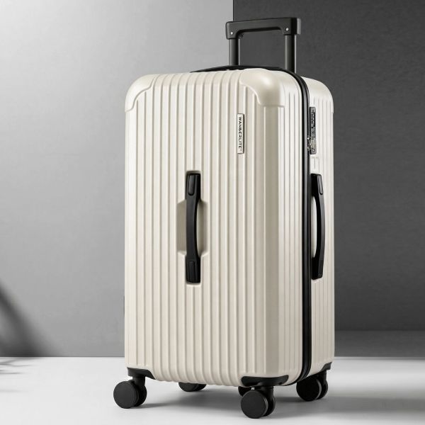 Cream hard-shell suitcase with spinner wheels