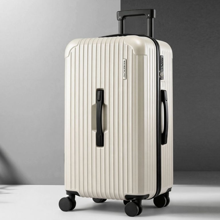 Cream hard-shell suitcase with spinner wheels
